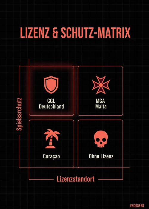 Einige Spielchips und eine Klarna-Karte auf einem Casinotisch, die die Verbindung zwischen Klarna und ausländischen Glücksspielanbietern symbolisieren.